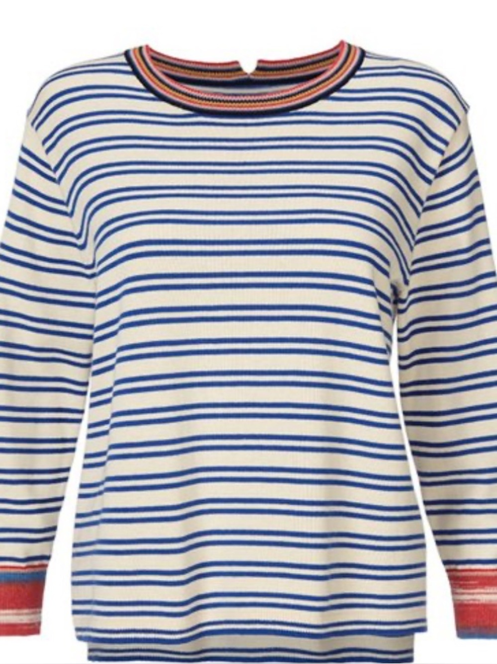 CAbi Striped Long Sleeve Top Cream & Blue w/ Coral Trim Soft Cotton Blend Sz L